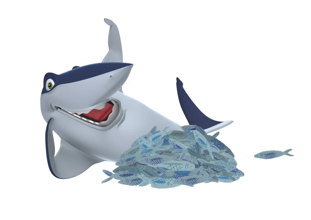 Ilustración de un tiburón sonriente rodeado de peces que simboliza un enfoque creativo en el aprendizaje marino escolar.