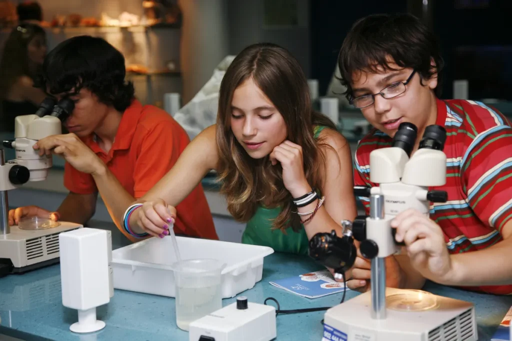 Estudiantes trabajan en una práctica de laboratorio usando microscopios y muestras relacionadas con la vida marina.
